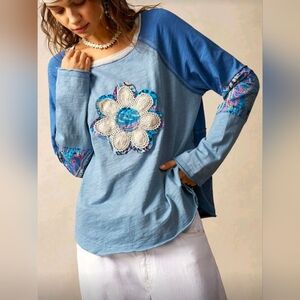Bohemela Blue Patch Crochet Flower Cotton Long Sleeve Tee Size 2X